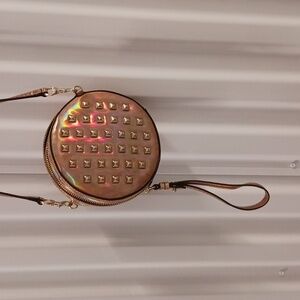 Rebecca Minkoff iridescent rose gold studded round crossbody/ wristlet bag